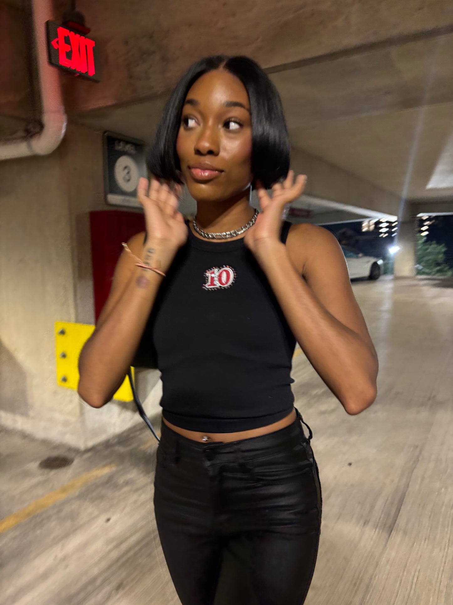Black embroidered rhinestone  nylon tank